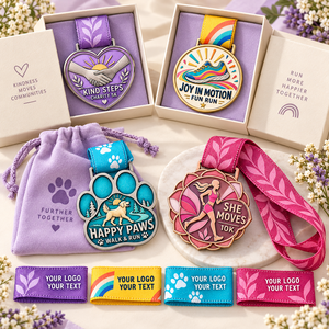 Médailles de finisseur personnalisées pour course caritative, course de plaisir, promenade avec les animaux et course de 10 km pour femmes, avec des motifs métalliques colorés et des rubans d'événement personnalisés - Product Image 2
