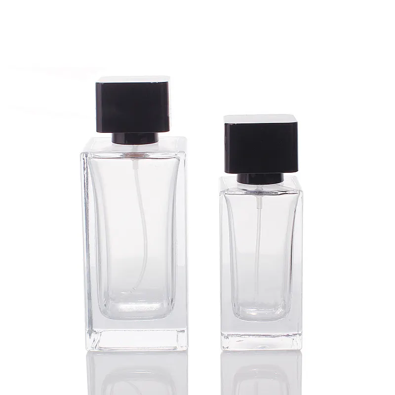 カスタムスクエアキューブ香水瓶50ml100mlクリアカラー香水ガラス瓶スプレーポンプブラックキャップ付き