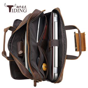 Tiding Retro Genuine Leather <b>Briefcase</b> Men Large Capacity Business Bag Dark Brown Multifunctional Shoulder Crossbody - Product Image 3