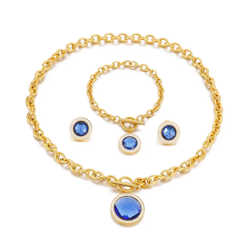 Kalen Fashion Rhinestone Blue Glass Pendant Set Gold Plated Earrings Bracelet Necklace Gift Women Stainless Steel Jewelry Sets