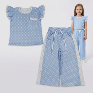 Conjuntos de ropa para bebés y niñas, top con bolsillos y pantalones acampanados con lunares azules - Product Image 6