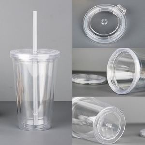 <b>Double</b> <b>Wall</b> PS AS Plastic Straw Cup 12oz 16oz 20oz Clear Cold Drink Tumbler Insert Card Custom Logo for Advertising Party - Product Image 3