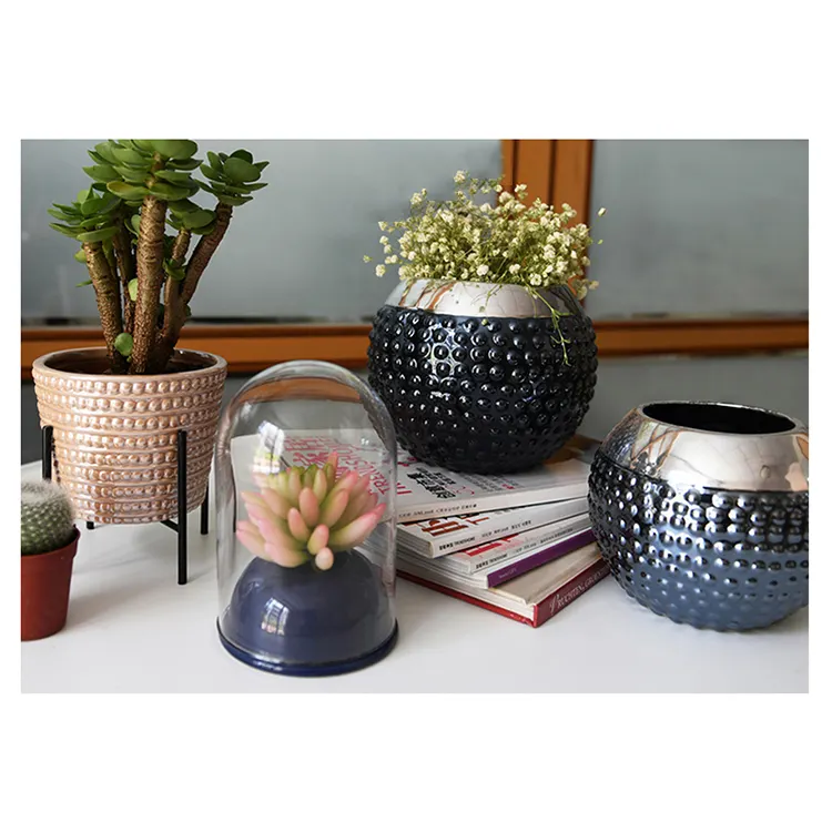 Venda quente Tampa De Vidro Mini Ceramic Planter Suculenta Vaso de Flores Decorativas