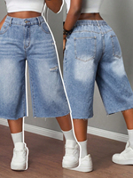 Shorts Bermuda en jean déchiré taille haute pour femme, coupe large, décontracté, ourlet brut, style Y2K, denim bleu, grande taille personnalisée