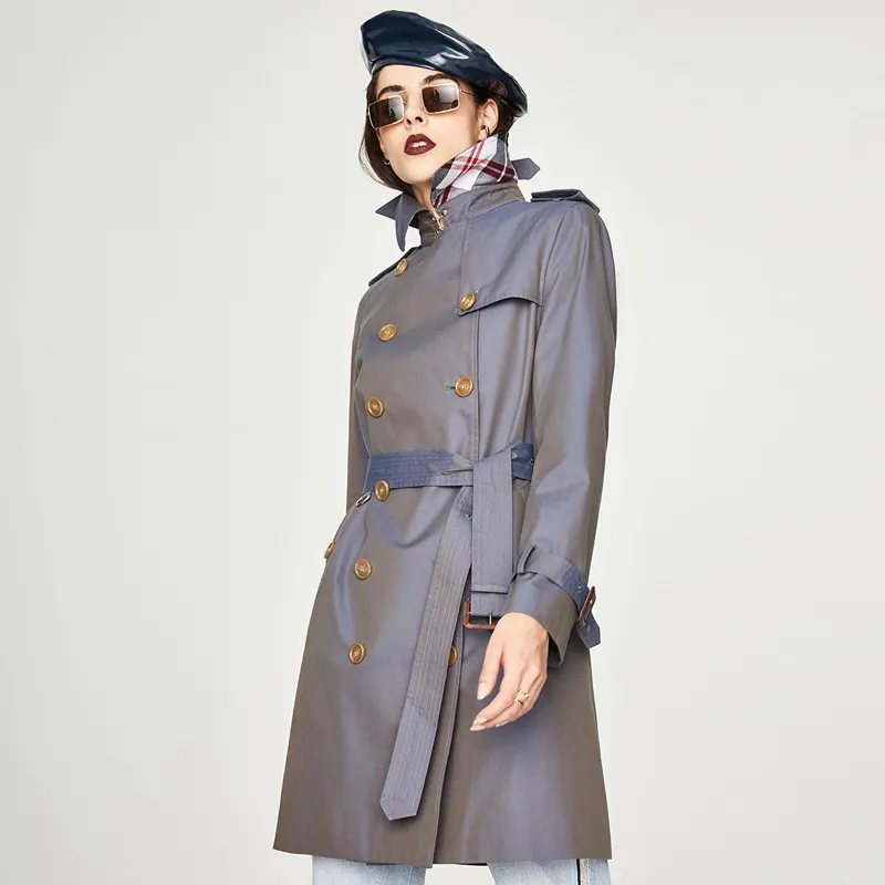 Wholesale custom color changing reflective gray blue tie waist classic trench coat woman clothing 7001