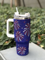 Tumbler Vakum Isolasi Stainless Steel 40oz Desain Berlian Bendera Amerika, Kembang Api, Batu Rhinestone, Petasan Patriotik