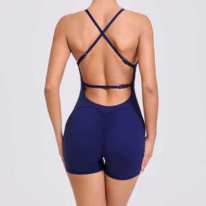 Logo personnalisé en gros plissé sans <span class=keywords><strong>embarras</strong></span> ligne Yoga combinaison courte sport Fitness combinaison femmes une pièce - Product Image 3