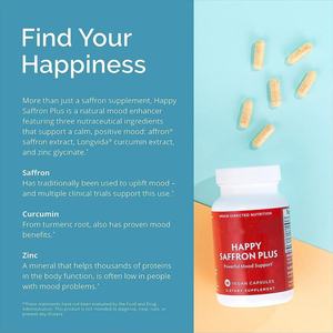 Stock entrepôt US - Livraison directe - Happy Saffron Plus - 90 capsules, lot de 2 - Avec extrait de fleur de safran, curcumine et <span class=keywords><strong>zinc</strong></span> - Végétalien - Product Image 3