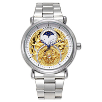 Montre d'affaires mécanique automatique de marque supérieure pour hommes Phase de lune dorée boîtier rond en acier inoxydable dragonne Relogio Masculino