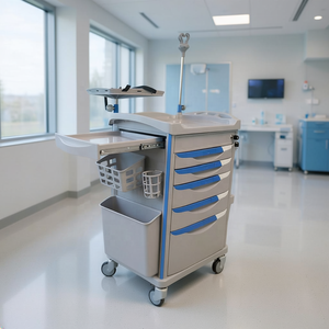 Chariot médical d'urgence de luxe <span class=keywords><strong>en</strong></span> ABS, chariot de secours avec <span class=keywords><strong>5</strong></span> <span class=keywords><strong>tiroirs</strong></span>, verrouillage centralisé, poteau IV pour hôpital et clinique - Product Image 1