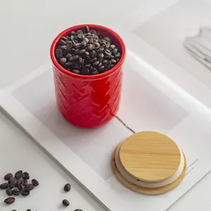 Juegos de utensilios de cocina modernos, 3 tarros de té y café rojo, juegos de botes de porcelana, tarro de almacenamiento de cerámica con tapa de madera con sello hermético