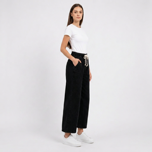 Women's Black Wide Leg Black <b>Denim</b> Pants High Waist Elastic Drawstring Loose Fit Ankle Length Casual Solid Color Cotton Fabric - Product Image 1