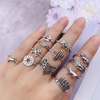 Ensemble de bagues vintage en argent, forme de disque, feuilles, renard, éléphant, cactus, hirondelle, 12 pièces, alliage, pour femme
