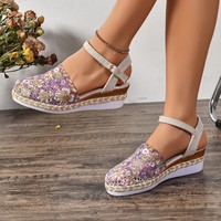 Sandales compensées tissées ajourées à talon ouvert, style pêcheur, très tendance