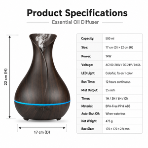 Diffuseur d'huiles essentielles ultrasonique 500 ml à grain de bois foncé, humidificateur, autonomie 12h, LED 7 couleurs, minuterie, arrêt automatique, sans BPA, OEM - Product Image 6