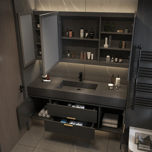 Mueble de baño gris europeo con espejo de panal, pantalla de hora, encimera gris y lavabo suspendido. - Product Image 5