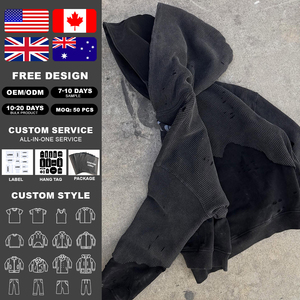Custom Distressed 100% Cotton French Terry Vintage Solid Oversized Acid Wash Hoodie Double Layer Distressed Waffle Hoodies - Product Image 2