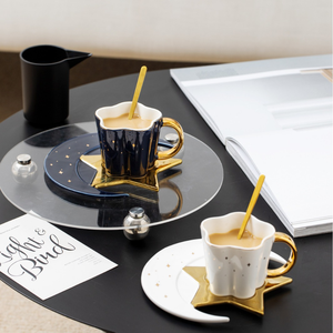 Juego de Taza y Plato de Café de Porcelana China Estilo Europeo con Asa Creativa Chapada en Oro, Forma de Estrella y Luna, Multicolor - Product Image 3