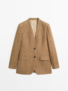 Blazer para Mujer Color Camel, Chaqueta de Lana y Viscosa con Cuello en V y un Solo Botón, Estilo Entallado para Oficina y Uso Diario - Product Image 1
