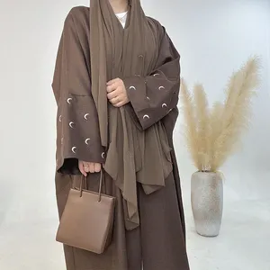 Yeni varış Abaya kadın Kimono müslüman kadın elbiseleri ay nakış EID keten Abaya