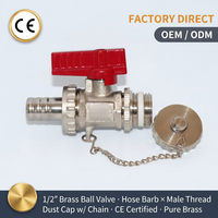 Grifo de latón para barril de cerveza, válvula de bola mini de 1/2 pulgada con mango rojo, tapa de cadena y conexión para manguera, para fermentador casero OEM/ODM
