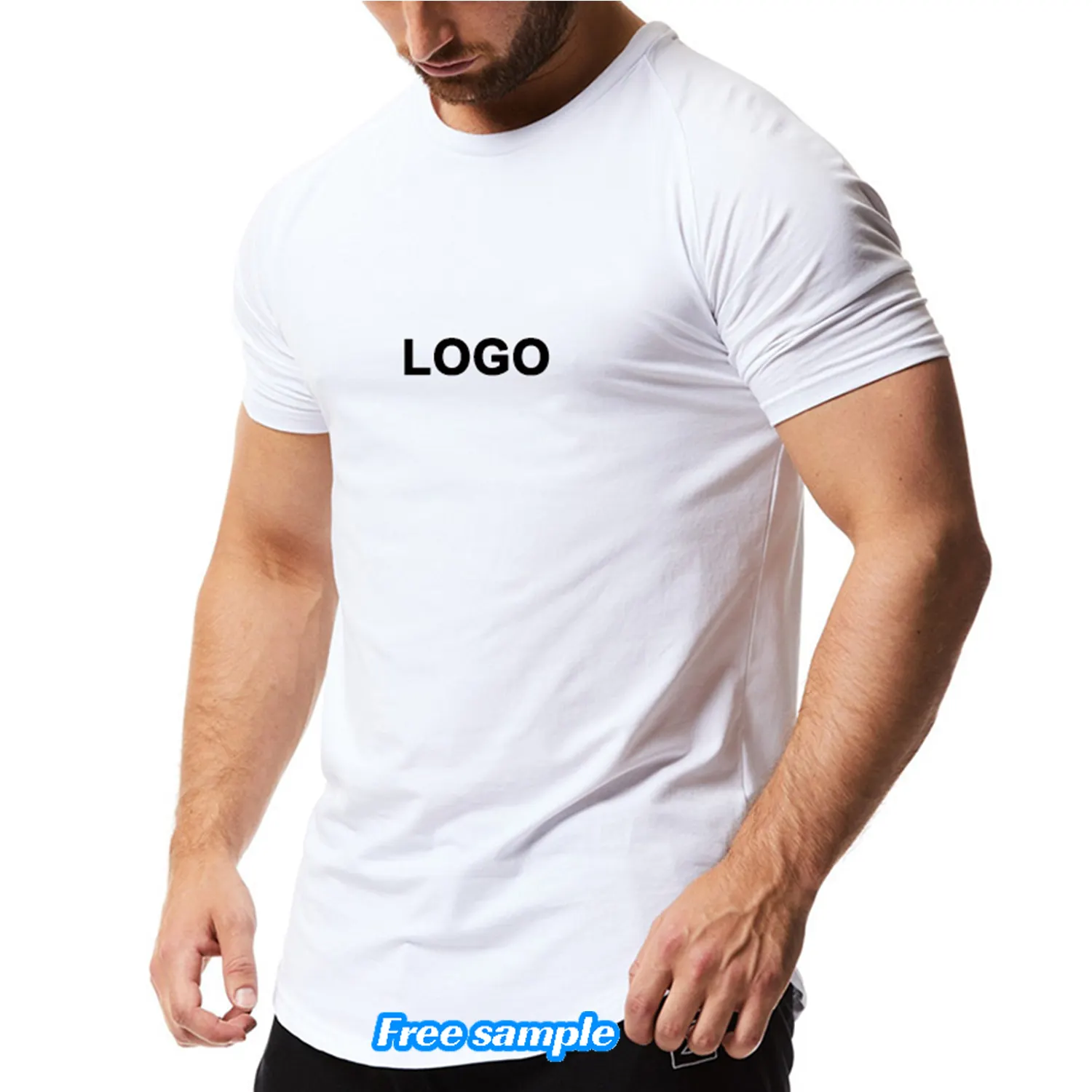 Grosir kaus lengan pendek Raglan pria pakaian olahraga 95% katun Gym Logo kustom untuk kebugaran otot binaraga