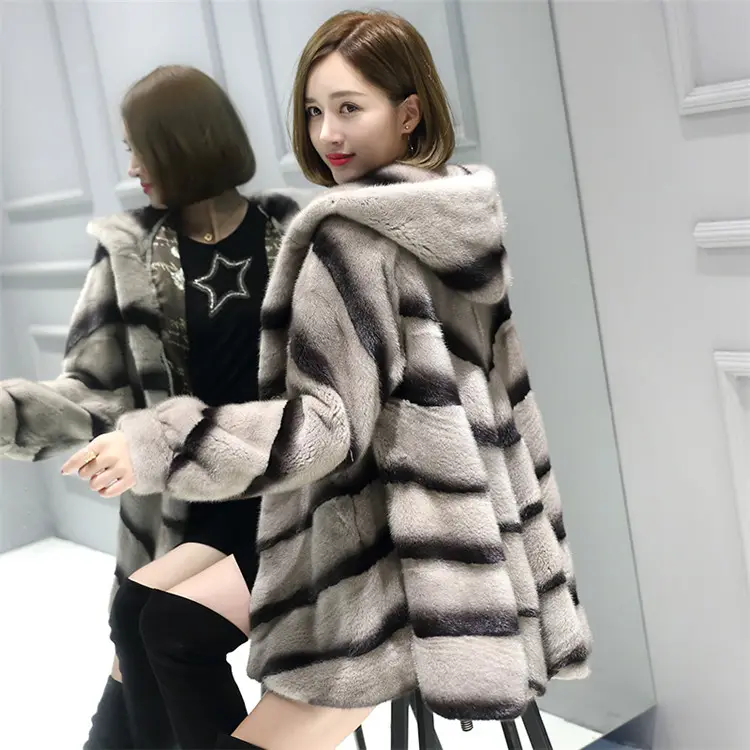 YQ271 free shipping women high quality full pelt long mink fur coat ladies turn-down collar striped mink fur coat