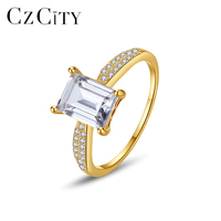 CZCITY Bague élégante en argent 925 plaqué or pour femme, avec grande pierre carrée taillée émeraude en zircon CZ, style coréen tendance