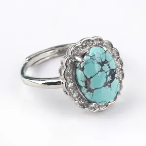 High Quality DIY Natural Gemstone Healing 925 Silver Encrusted Retro Crystal Turquoise Ring