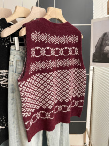 Chaleco de punto jacquard geométrico Fair Isle con cuello redondo para mujer, sin mangas, casual, para otoño, suéter tipo top sin mangas - Product Image 2