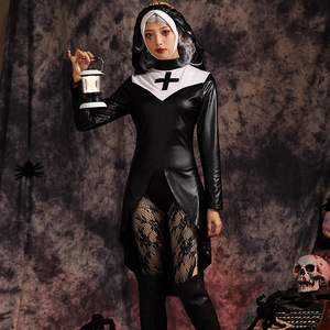 Stock disponibile Black PU Nun Costume <span class=keywords><strong>Sexy</strong></span> costumi di Halloween chiesa vestito Cosplay religioso - Product Image 2