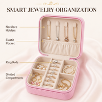 Boîte à bijoux de voyage rectangulaire en cuir PU avec fermeture éclair, organisateur portable, miroir cœur, compartiments pour bagues, personnalisable avec lettre