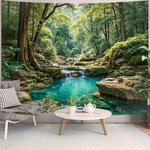 Türkisfarbener Waldfluss-Wandteppich aus Polyester, Bedruckt und Maschinenwaschbar, Wanddekoration, Wandbehang im Großhandel - Product Image 3