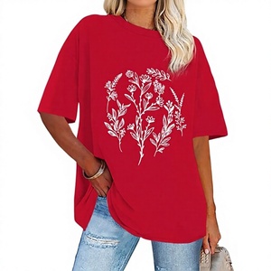 T-shirt en coton à manches courtes et col rond pour femme, imprimé floral rouge, coupe ample, décontracté, printemps-été - Product Image 1