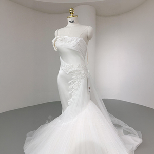 Nt130 Luxury Mermaid <b>Wedding</b> <b>Dress</b> Satin Bridal Gown With Lace Applique and <b>Puffy</b> Tulle Train Jancember - Product Image 3