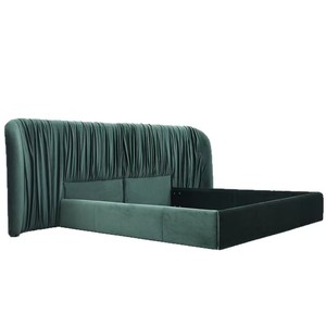 Lit rembourré de style français haut de gamme avec grand tête-de-lit en tissu velours doux et housse lavable pour chambre à coucher - Product Image 1