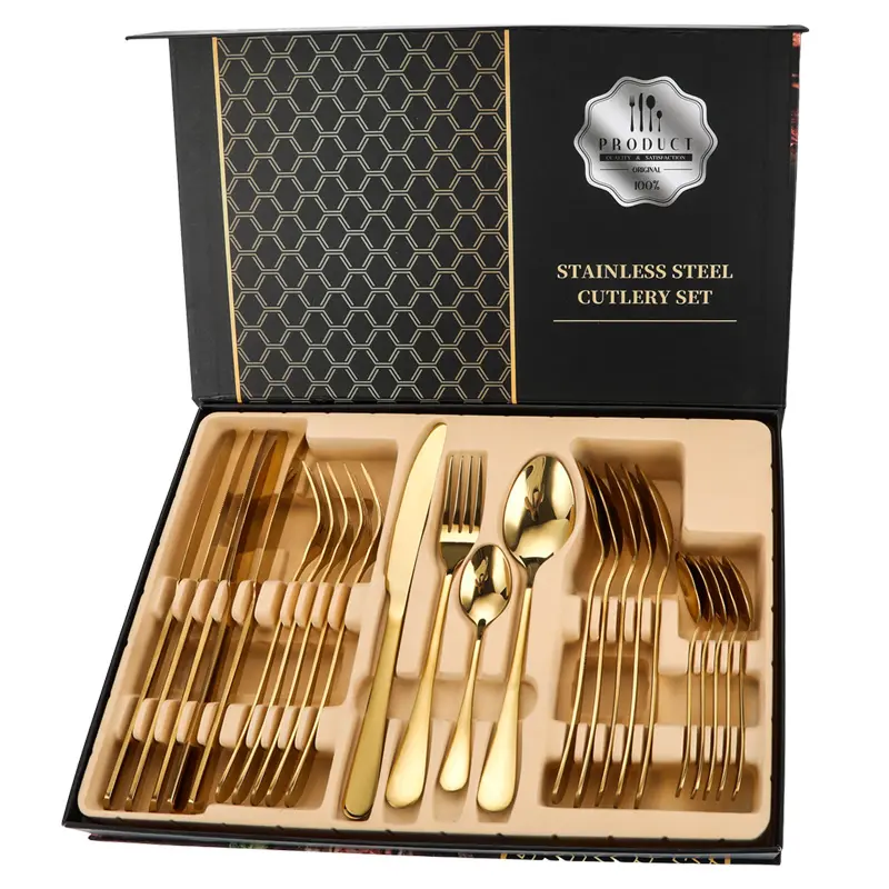 cutlery set 24pcs stainless steel PVD 24pc flatware sets, Black Gold Silver Cutlery Set 24 pieces