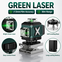 Niveau laser croisé sans fil rechargeable Li-ion à faisceau vert autonivelant haute précision 8, 12 ou 16 lignes, lumineux pour extérieur, portée 30m