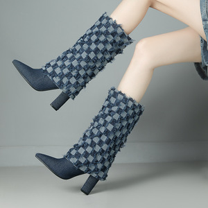 Bottes longues en jean sexy pour femmes, fermeture éclair, élégantes, à talon aiguille, bout pointu, chaussures d'automne-hiver, bottes hautes à talon haut - Product Image 5