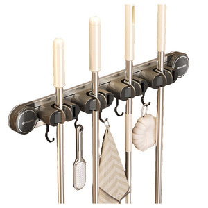 <b>Wall</b> Mounted <b>Mop</b> Holder Rack Chrome Finish Punch Free Storage For Bathroom Toilet Cleaning Tools Organizer - Product Image 5