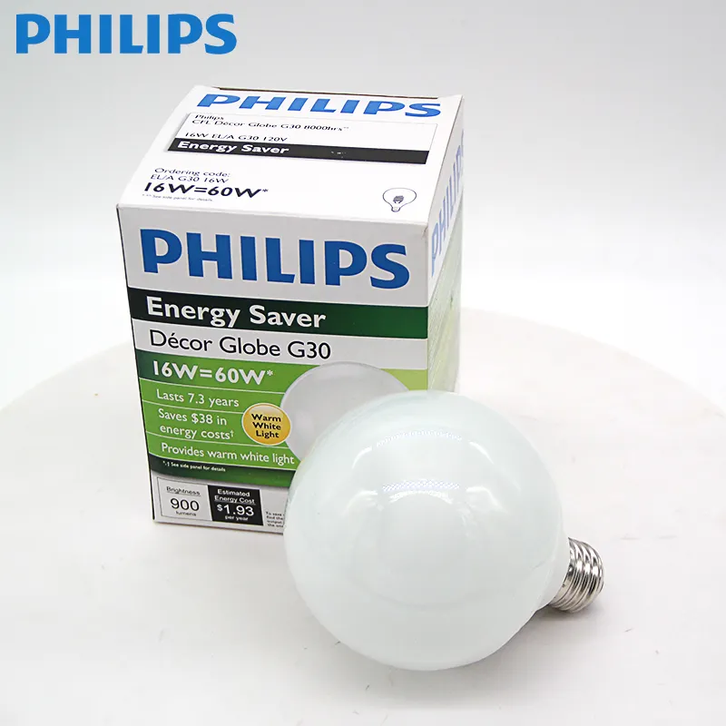 Philips หลอดไฟทรงกลมขนาดใหญ่,หลอดไฟประหยัดพลังงาน120V CFL สำหรับตกแต่ง G30 8000hrs 16W = 60W