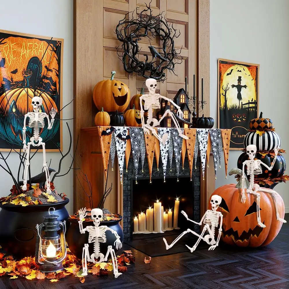 Dekorasi kerangka gantung Halloween bergerak seluruh tubuh 16 inci dengan sendi yang dapat digerakkan untuk properti rumah hantu Graveyard Halloween