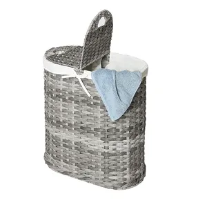 Grijs Handwoven Ovale Dubbele Wasmand Handwoven Wasmand Met Deksel Rotan Rieten Kleding Wasmand 18Inch