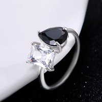 Toi Et Moi Eternity Ring Bijoux de mariage ouverts en argent sterling avec poire carré noir zircon cubique pour les fêtes de femmes