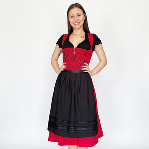 Vestido Dirndl Rojo y Negro con Bordado, Cuello en V, Manga Casquillo, Corte en A, Largo Midi, Estilo Vintage, Color en Contraste, para Celebraciones - Product Image 1