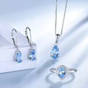 Set Perhiasan Cincin Topaz Biru, Liontin 925 Perak Murni Set Perhiasan Buatan Tangan Enamel