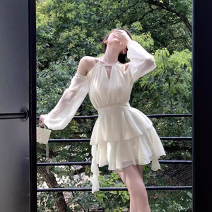 French Style Off Shoulder Chiffon Dress With Ruffles Empire Waist A Line Mini Skirt For Party Leisure Wear - Product Image 4