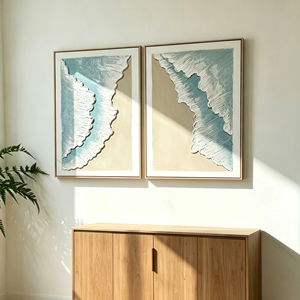 Set di 2 <span class=keywords><strong>Quadri</strong></span> Incorniciati con Onde Oceaniche 24x32, Dipinto su Tela Testurizzata Blu Acqua e Beige, Decorazione Costiera - Product Image 1