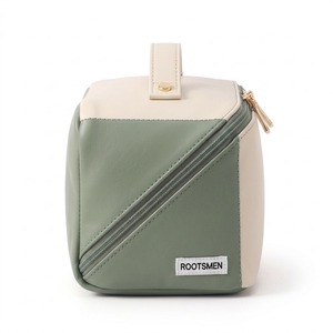 Trousse de toilette bicolore vert sauge et crème en cuir PU, étui à cosmétiques avec poignée supérieure crème, fermeture éclair dorée, logo personnalisé OEM - Product Image 6