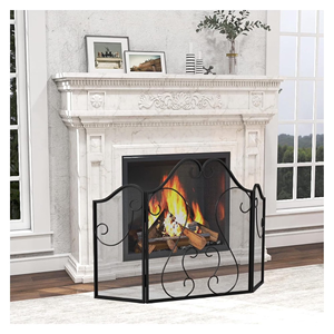 Chimenea Interior de Hierro Forjado Negro, Chimenea Decorativa con Pantalla de Doble Puerta Texturizada y Cubierta Ignífuga - Product Image 5